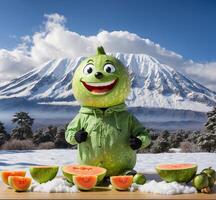 ai genererad rolig vattenmelon maskot karaktär med melon och mt. fuji i de bakgrund foto