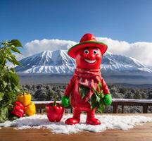 ai genererad rolig röd spansk peppar maskot karaktär med klocka peppar och mt. fuji i de bakgrund foto