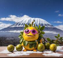 ai genererad rolig passionen frukt maskot karaktär med solglasögon och fuji berg i de bakgrund foto