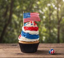 ai genererad muffin med USA flagga på topp på trä- tabell med natur bakgrund foto