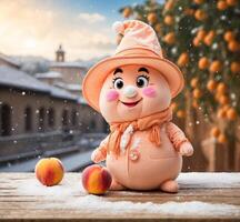 ai genererad rolig persika maskot karaktär med hatt och persika i de snö. jul begrepp. foto