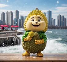 ai genererad rolig Durian frukt maskot karaktär med stad bakgrund. foto