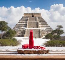 ai genererad röd läppstift och pyramid i chichen itza, yucatan, mexico foto