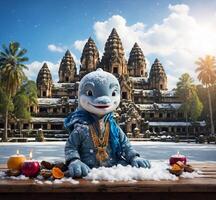 ai genererad delfin maskot karaktär i främre av angkor vad, cambodia foto