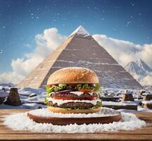 ai genererad hamburgare på trä- tabell i främre av de pyramider. foto