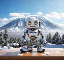 ai genererad 3d framställa av en robot med snö och mt. fuji bakgrund foto