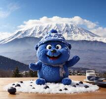 ai genererad söt blå snögubbe med en kopp av kaffe på en trä- tabell med mt. fuji i de bakgrund foto