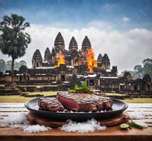 ai genererad rostad nötkött biff på svart tallrik i främre av gammal hindu tempel i angkor vad, cambodia foto
