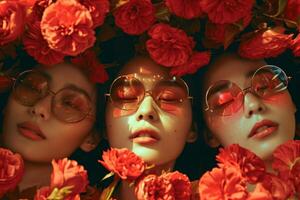 ai genererad porträtt av de skönhet av tre asiatisk modell flickor i blommor foto