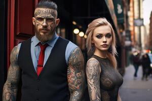 ai genererad tatuerade man och kvinna på en stad gata i de eftermiddag foto