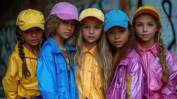 ai genererad fem glad barn i ljus kläder ha roligt utgifterna deras sommar högtider utomhus foto
