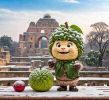 ai genererad tjock vaniljsås äpple maskot karaktär och äpplen på de bakgrund av colosseum i rom, Italien foto