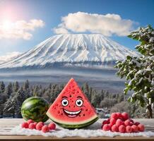 ai genererad rolig vattenmelon med en smiley ansikte på en bakgrund av de berg fuji. foto