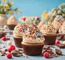 ai genererad muffins dekorerad med choklad och strössel på en blå bakgrund foto