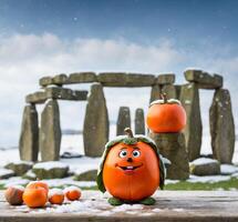 ai genererad persimon maskot karaktär och stonehenge i de snö. foto