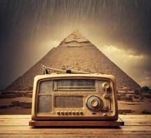 ai genererad retro radio och pyramider av giza i Kairo, egypten foto