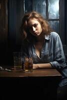 ai genererad porträtt av en dricka flicka på en tabell på en mörk bakgrund foto