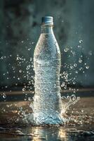 ai genererad transparent plast mineral vatten flaska för din annons med vatten stänk och droppar. foto