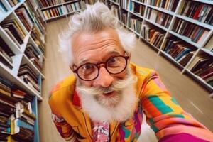 ai genererad porträtt av en glad, Lycklig äldre man i färgad kläder och glasögon i de bibliotek foto