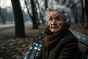 ai genererad porträtt av ett äldre gråhårig kvinna i de parkera under de dag foto