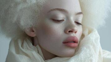 ai genererad porträtt av ett albino afrikansk flicka med vit hår närbild foto