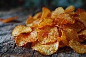 ai genererad färsk potatis pommes frites spridd på de tabell. en utsökt mellanmål foto