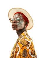 ai genererad porträtt av ett afrikansk man med tatueringar på hans ansikte i orange kläder och glasögon på en vit bakgrund foto