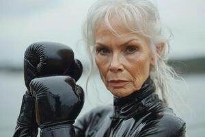 ai genererad porträtt av en eleganta äldre kvinna i boxning handskar och latex kostym på de gata foto