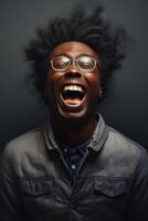 ai genererad porträtt av en glad afrikansk i närbild på en svart bakgrund i de studio foto