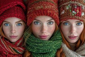 ai genererad en skön porträtt av tre modell flickor i vinter- hattar foto