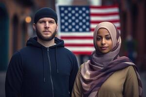 ai genererad porträtt av en man och en kvinna patrioter av deras Land mot de bakgrund av en stad gata foto