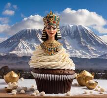 ai genererad muffin med en skön egyptisk drottning på de bakgrund av snöig bergen foto