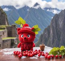 ai genererad söt rött bär maskot karaktär på de bakgrund av machu picchu, peru, söder amerika. foto