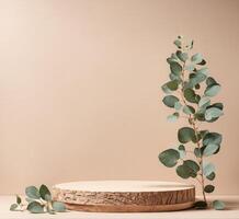 ai genererad 3d framställa av beige podium med eukalyptus grenar och eukalyptus löv foto