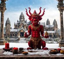 ai genererad jäkel maskot i kathmandu är en hindu tempel i katmandu, nepal. foto