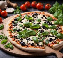 ai genererad pizza med mozzarella ost, svart oliver och basilika foto