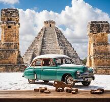 ai genererad årgång bil i främre av gammal maya stad av chichen itza, yucatan, mexico foto