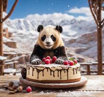 ai genererad söt panda Björn med choklad kaka på trä- tabell i snöfall foto