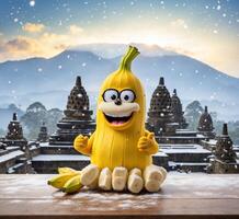 ai genererad banan maskot på trä- tabell med bali bakgrund. foto