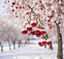 ai genererad mogen körsbär träd i de snö. foto
