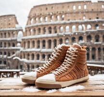 ai genererad vinter- semester i Italien. gymnastikskor och colosseum i de snö. foto