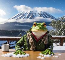 ai genererad groda maskot karaktär i en grön jacka och hatt med en kopp av kaffe på en trä- tabell i de snö foto