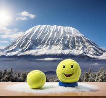 ai genererad tennis boll med smiley ansikte på snö med Mt. Fuji i de bakgrund foto