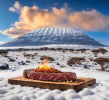 ai genererad kamchatka. rå nötkött biff på en trä- styrelse mot de bakgrund av de vulkan. foto