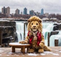 ai genererad lejon Sammanträde på en trä- bänk i främre av niagara faller. foto