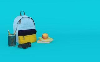 mångfärgad ryggsäck i blå bakgrund med böcker äppelpenna och hörlurar tillbaka till skolan 3d render foto