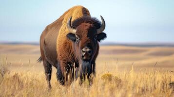 ai genererad vild amerikan bison tjur stående i gräs- prärie. foto