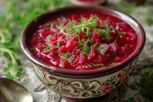 ai genererad skål av röd beta rot soppa borsch. foto