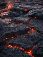 ai genererad bränd sten golv med smält stenar och lava sprickor. foto