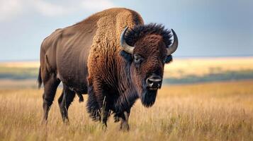 ai genererad vild amerikan bison tjur stående i gräs- prärie. foto